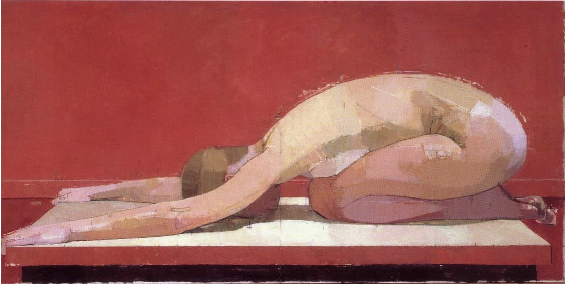 Abstract representation of a resting person, with a stark red backdrop